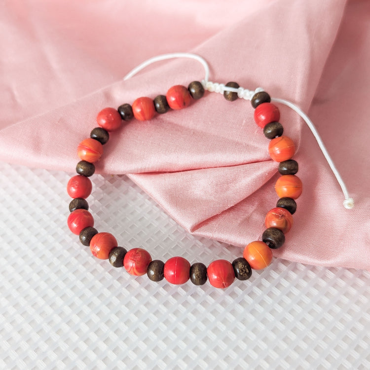 Orange and Wood Recycled Bead Bracelet