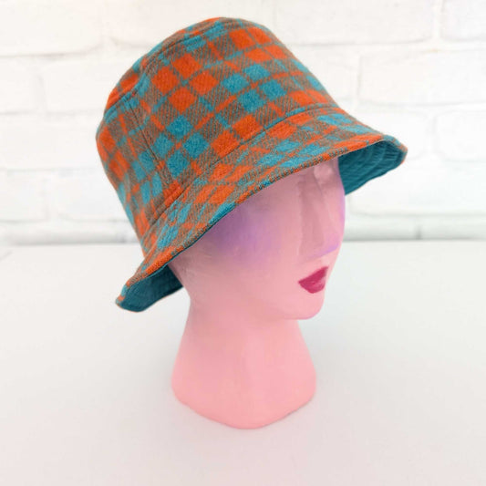 Orange Teal Checked Wool Bucket Hat - Medium