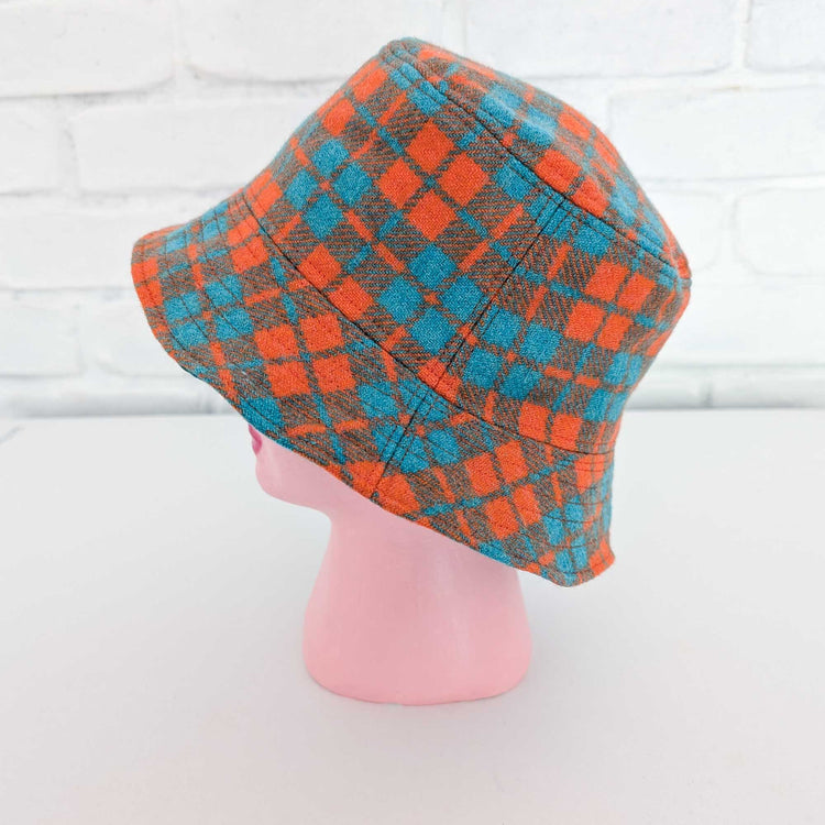 Orange Teal Checked Wool Bucket Hat - Medium