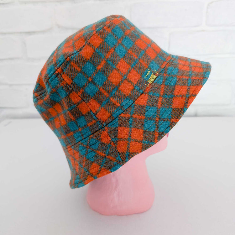 Orange Teal Checked Wool Bucket Hat - Large