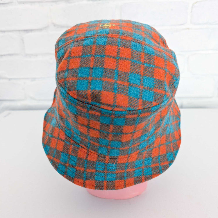 Orange Teal Checked Wool Bucket Hat - Large