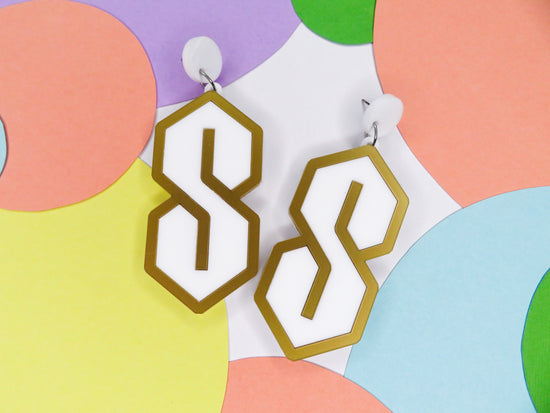 Cool S Statement Earrings, white with gold border, acrylic earrings Australia