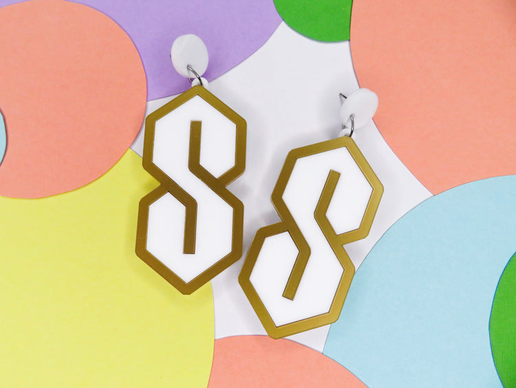 Cool S Statement Earrings, white with gold border, acrylic earrings Australia